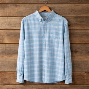 Southern Tide Mens L Trim Fit Plaid Linen Blend Button Down Shirt Blue Coastal